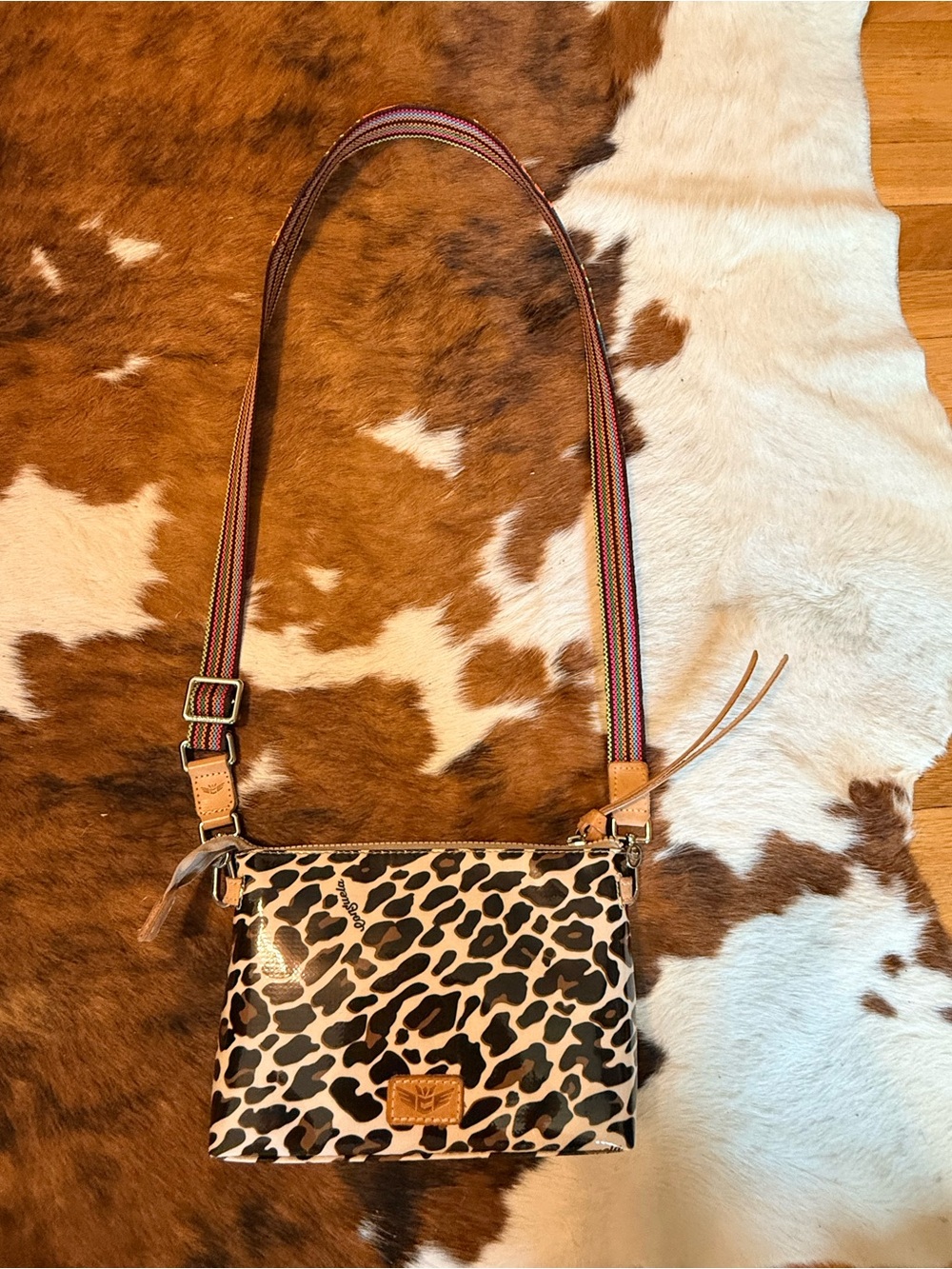 Consuela Leopard Print Crossbody Bag with Adjustable Stripe Strap